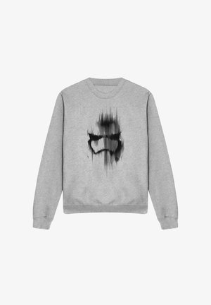 Gray sweatshirt featuring a black abstract design on the front. Long sleeves and ribbed cuffs with a round neckline. Smooth texture.