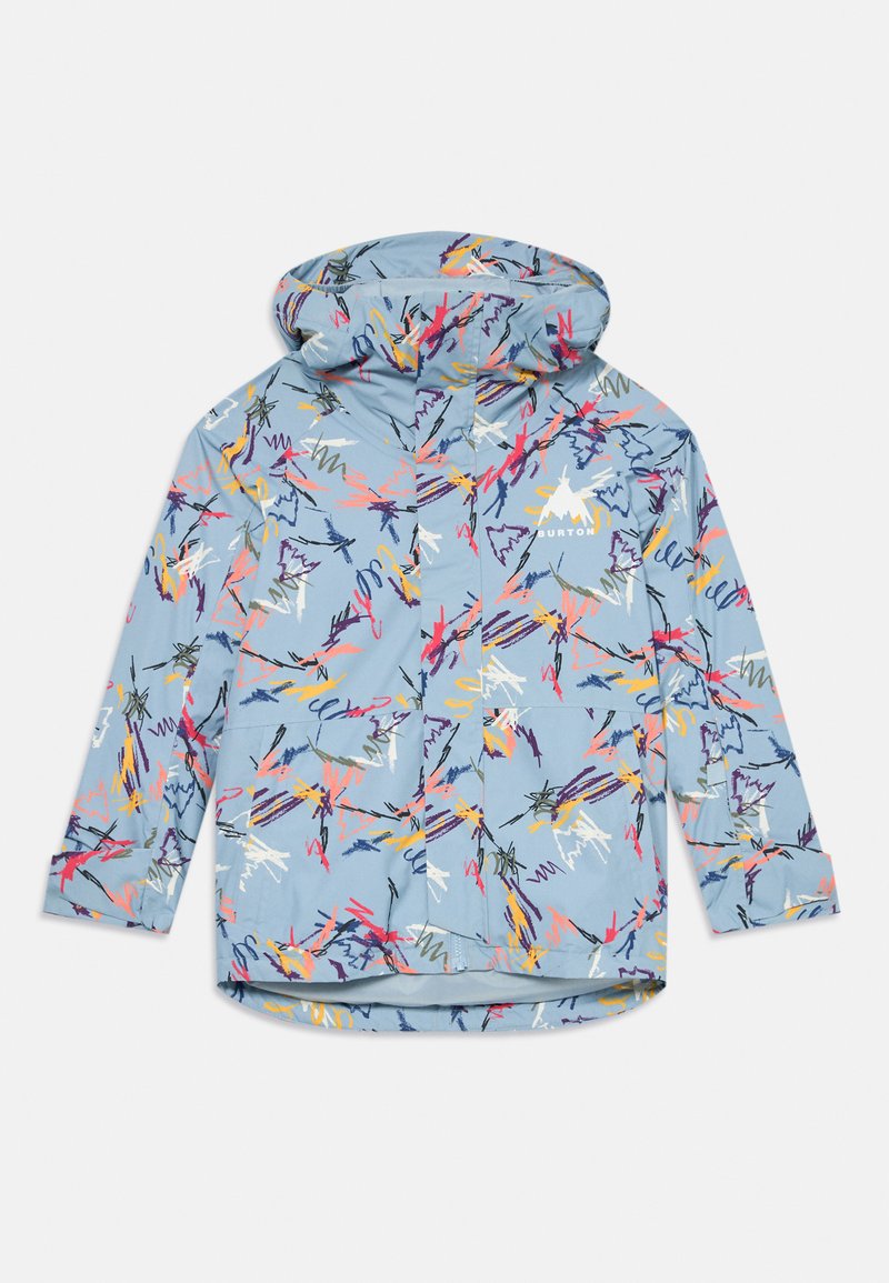 Jachetă bleu deschis cu un model abstract multicolor și cu glugă. Are buzunare frontale și un logo pe piept. Textură netedă.