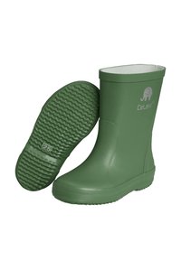 Bottes de pluie en caoutchouc vertes avec une finition lisse, une semelle texturée et un dessus rond. Présente un logo et des indications de taille à l'intérieur. Design simple.