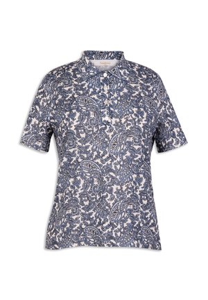 Polo à manches courtes en blanc avec un motif paisley bleu, doté d'un col et d'une patte de boutonnage. Texture de tissu lisse.