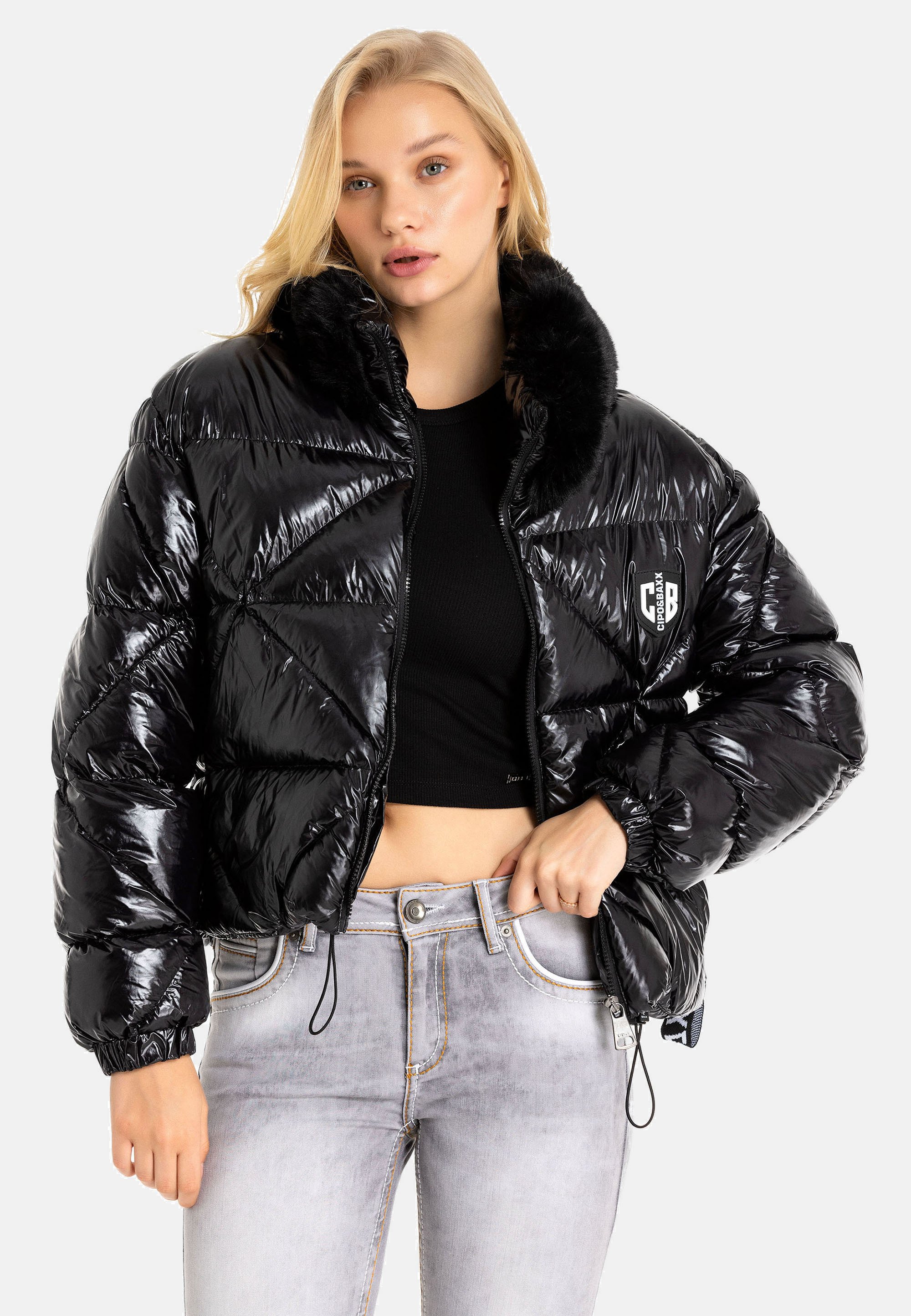Cipo & Baxx Giacca invernale da uomo, trapuntata, con cappuccio, CM193, Nero , S