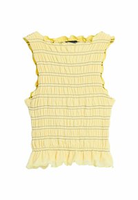 Kollane sansleeve top, millel on kokku volditud tekstuur, volangiga kaelus ja äär, ning mustad horisontaalsed õmblused kogu ulatuses.