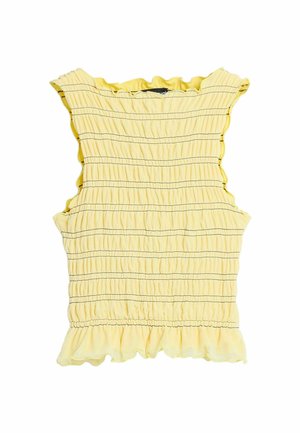 Top sin mangas amarillo con textura fruncida, cuello y dobladillo con volantes, presenta detalles de costura horizontal negra en toda su extensión.