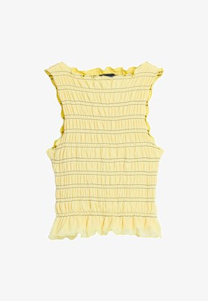 Top senza maniche giallo con texture arricciata, collo e orlo a volant, presenta dettagli di cucitura nera orizzontale su tutta la superficie.