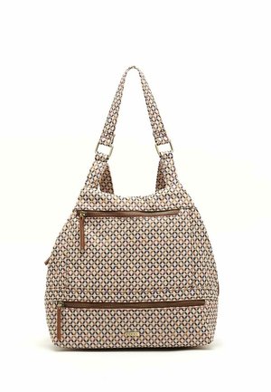 Bolso de hombro con patrón geométrico repetido en beige, marrón y negro, que cuenta con dos compartimentos con cremallera y correas ajustables con anillos de tono dorado.