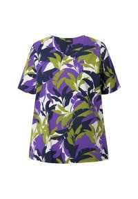 Camiseta de manga corta en mezcla de algodón con escote en V, que presenta un estampado botánico en púrpura, verde y azul marino sobre un fondo blanco.