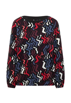 Długosleeve top z wyrazistym wzorem w zygzaku w kolorach czerwonym, białym, niebieskim i czarnym. Miękka tkanina z okrągłym dekoltem i elastycznymi mankietami.