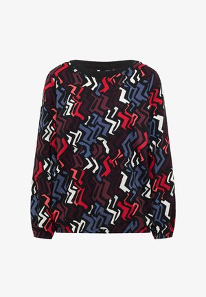 Camiseta de manga larga con un vibrante patrón en zigzag en rojo, blanco, azul y negro. Tejido suave con cuello redondo y puños elásticos.