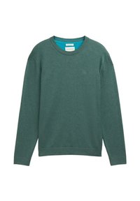 Crewneck sweatshirt i mørkegrøn bomuldsblanding. Har en ribbet krave og manchetter, blød tekstur og en kontrastfuld blå indvendig halsudskæring.