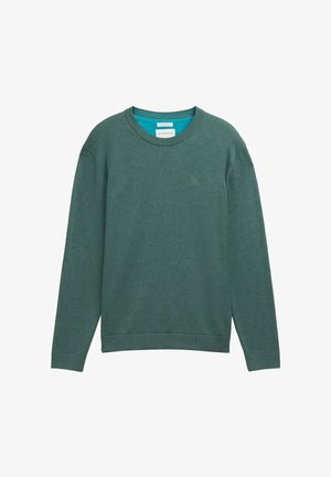 Felpa girocollo in mix di cotone verde scuro. Caratterizzata da colletto e polsini a coste, texture morbida e un colletto interno di colore blu a contrasto.