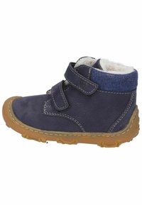 Marineblaue Lederkinderschuhe mit zwei Klettverschlüssen, flauschigem Futter und einer strukturierten Gummisohle. Gesteppte Details erhöhen die Langlebigkeit.