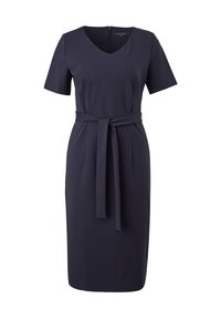 Navyblaues kurzärmliges Kleid mit V-Ausschnitt und tailliertem Bund, das eine glatte Textur und eine gerade Silhouette aufweist. Reißverschluss im Rücken.