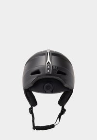 Schwarzer Helm mit stromlinienförmigem Design, ausgestattet mit verstellbaren Riemen, Belüftungsöffnungen und einem strukturierten Innenfutter für Komfort.