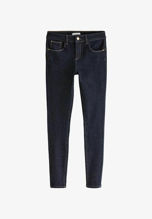 Dunkelblaue, enge Jeans aus Denim mit fünf Taschen, einem Metallknopf und kontrastierenden Nähten. Glatte Textur und figurbetonte Passform.