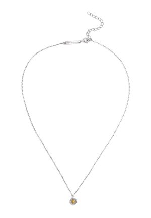 Zarte Silberkette mit kleinem Gänseblümchen-Anhänger mit weißen Blütenblättern und gelbem Zentrum sowie verstellbarem Verschluss.