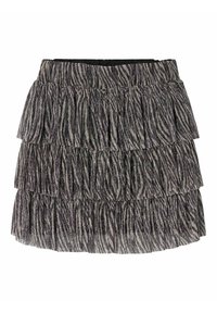 Gonna a livelli con strisce zebrate nere e argento, realizzata in un materiale testurizzato con un design arricciato e una vita elastica.