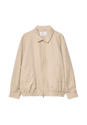 Beige lightweight jacket made of smooth fabric, featuring a collar, front zipper, and two side pockets with elastic waistband.