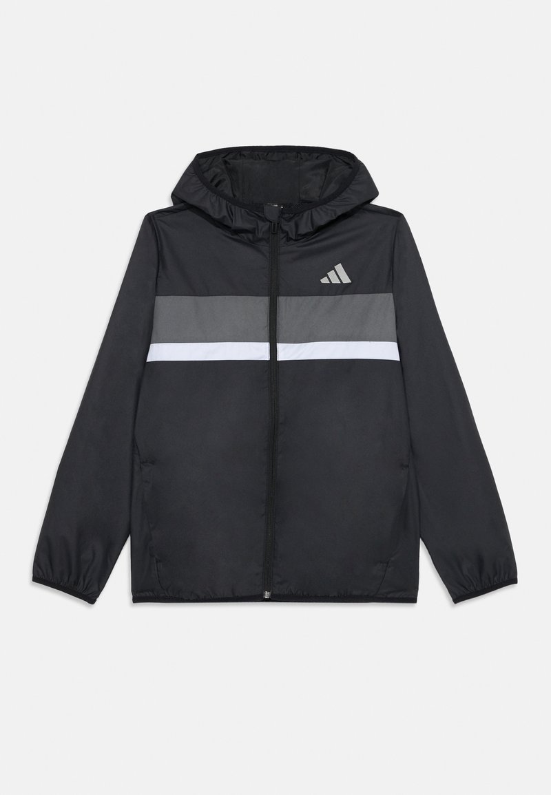 Black windbreaker jacket featuring a fitted hood, zip closure, gray and white horizontal stripes across the chest, and elastic cuffs.