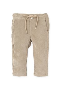 Pantalones de pana beige con un patrón de costillas texturizadas, cinturilla ajustable con cordón y bolsillos laterales. Diseño de pierna recta.