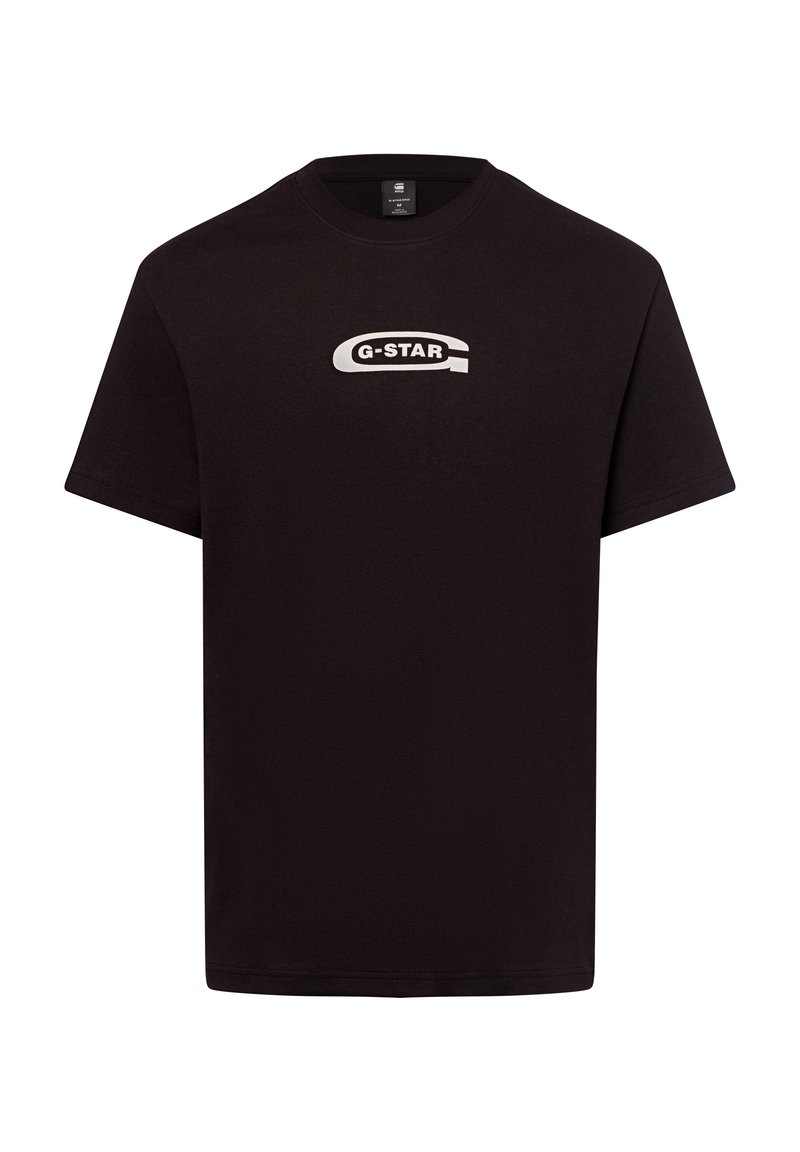 Camiseta de algodón negra con mangas cortas, que presenta un logo gráfico blanco "G-STAR" en el frente, cuello redondo y corte estándar.