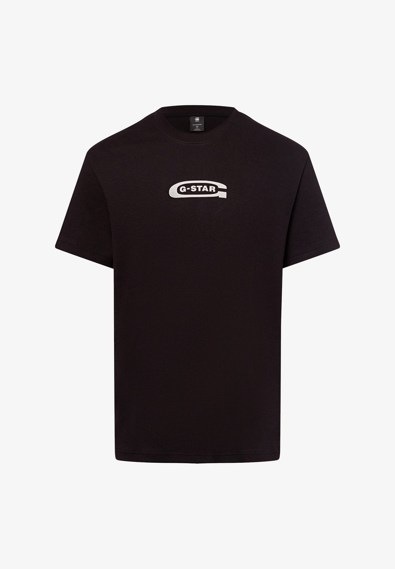 Camiseta de algodón negra con mangas cortas, que presenta un logo gráfico blanco "G-STAR" en el frente, cuello redondo y corte estándar.