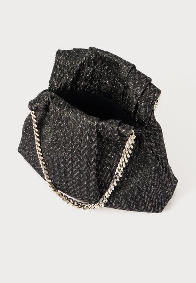 Black fabric handbag with a crumpled design, silver chain strap, and a herringbone pattern, featuring a soft, textured surface.