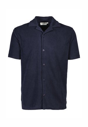Korte mouwen, marineblauw shirt van zachte stof, met een kraag, knoopsluiting aan de voorkant en een gladde textuur. Geen patronen of accenten zichtbaar.