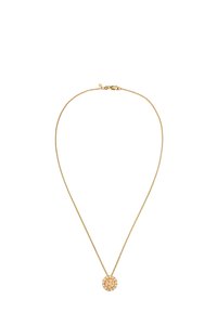 Guldfarvet halskæde med en fin kæde og en rund vedhæng, der har en central sten omgivet af mindre klare sten.
