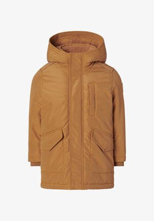 Beige gewatteerde jas met een textuur aan de binnenkant, voorzien van twee grote zijzakken en een kleinere borstzak, ontworpen met een rechte snit.