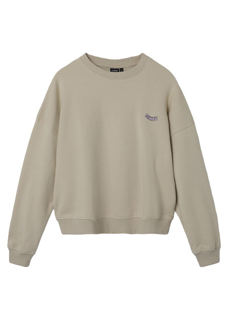 Felpa beige realizzata in misto cotone, con scollatura a girocollo, maniche lunghe e un piccolo logo testuale "MIKEY" viola sul lato sinistro del petto.