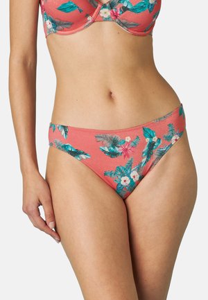 Parte inferiore di bikini color corallo con motivo floreale e accenti turchesi e bianchi. Realizzata in tessuto elastico con una trama liscia.