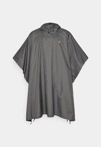 Poncho gris imperméable au design large, à manches courtes, avec capuche et cordons réglables ; arbore un petit logo sur la poitrine.