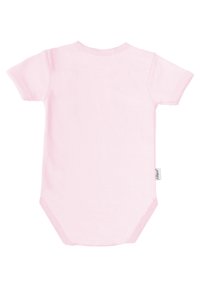 Light pink striped short-sleeve bodysuit made of soft cotton, featuring a round neckline and an easy snap closure at the bottom.