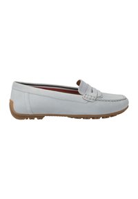 Hellblaue Wildlederschlüpfschuhe mit strukturiertem Obermaterial, dekorativer Stickerei und einer kontrastierenden, braunen Gummisohle. Flaches und niedriges Design.