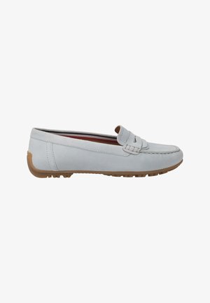 Hellblaue Wildlederschlüpfschuhe mit strukturiertem Obermaterial, dekorativer Stickerei und einer kontrastierenden, braunen Gummisohle. Flaches und niedriges Design.