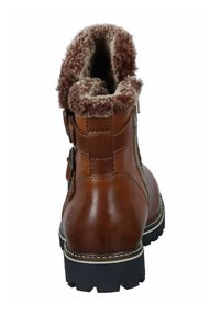 Bottines en cuir marron avec un col en fausse fourrure, détails à boucle, semelle en caoutchouc noir robuste et couture blanche contrastante.