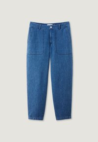 Blue denim pants with a straight leg design, featuring two front pockets and a button closure at the waistband.