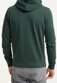 Felpa verde con una texture morbida, maniche lunghe e cappuccio con coulisse, dotata di orlo e polsini a coste per una vestibilità aderente.