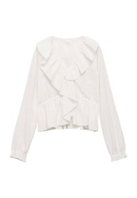 Blusa bianca a maniche lunghe con bordo a ruches, tessuto testurizzato e dettagli in vita arricciata. Presenta un scollo a V e polsini elasticizzati.