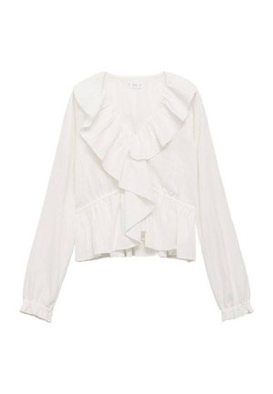 White long-sleeve blouse with ruffle trim, textured fabric, and gathered waist detail. Features a V-neckline and elasticized cuffs.