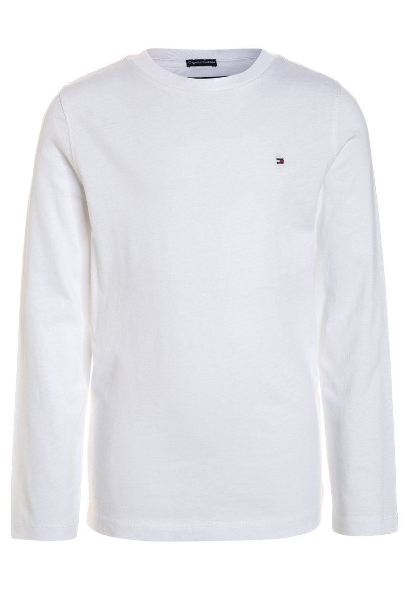 T-shirt bianco a maniche lunghe realizzato in cotone biologico. Presenta un collo rotondo e un piccolo logo in evidenza sul petto. Tessuto liscio, vestibilità classica.