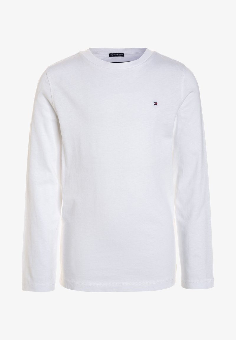 T-shirt bianco a maniche lunghe realizzato in cotone biologico. Presenta un collo rotondo e un piccolo logo in evidenza sul petto. Tessuto liscio, vestibilità classica.