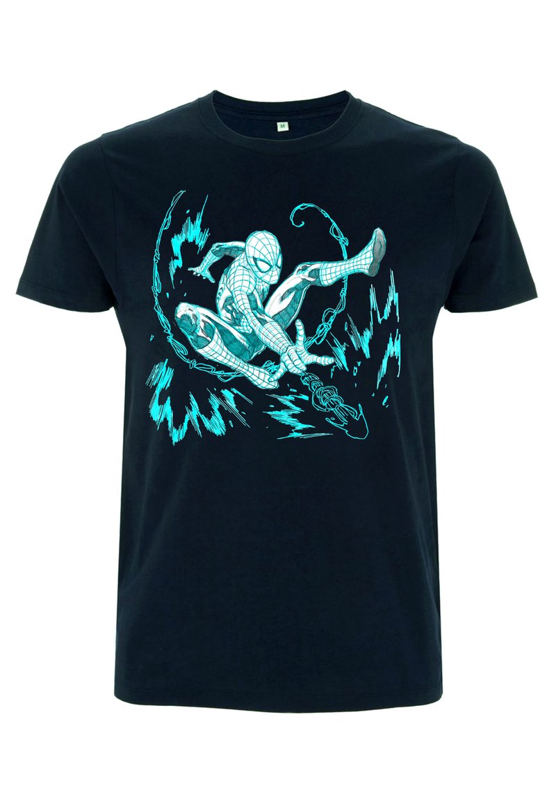 Svart bomull t-shirt med en blå grafik av en spindelmannen i en actionpose, omgiven av dynamiska linjer och accenter.