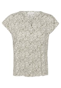 Blouse à imprimé floral avec des manches courtes, décolleté en V, dans des tons beige clair et vert olive ; possède une coupe ample et décontractée ainsi qu'une texture de tissu douce.