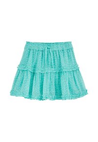 Vrstvená rozšírená sukňa z tyrkysovej látky s kvetinovým vzorom, elastickým pásom a volánovými akcentmi pozdĺž okrajov.
