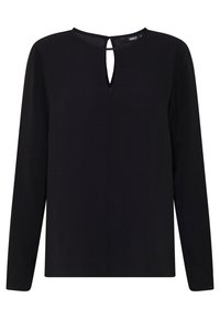 Top nero a maniche lunghe con apertura a chiave sul retro, scollatura rotonda e tessuto liscio e elasticizzato. Vestibilità casual, senza motivi visibili.