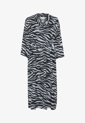 Robe cu model de zebra în negru și gri. Fabricat dintr-un material ușor, are mâneci lungi, curea de legat și un sistem de închidere cu nasturi.