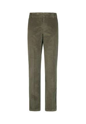 Katoenen corduroy broek in olijfgroen, met een verticale ribbelstructuur, recht model en een standaard tailleband met lussen voor een riem.