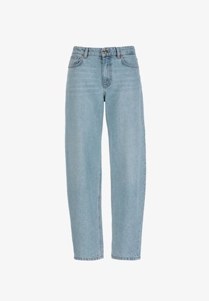 Blugi cu talie înaltă, drepti, de culoare albastru deschis, cu buzunare frontale, bucle pentru curea, nasture și fermoar.