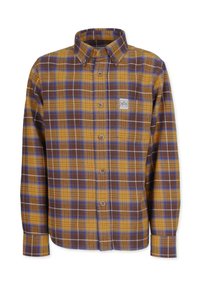 Button-up Flanellhemd im gelb-braun-blauen Karomuster; verfügt über einen traditionellen Kragen und ein kleines gesticktes Logo auf der Brust.